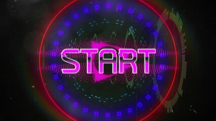 Opening neon interface revealing pulsing rings rotating, START letters morphing signaling startup - Powered by Adobe