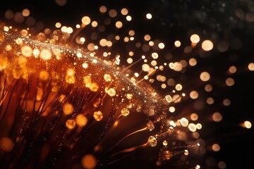 Abstract close-up with golden shimmering particles and filaments radiating out into a dark background, creating a bokeh effect.