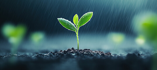 Young Plant Growing on the Ground in the Rain Banner