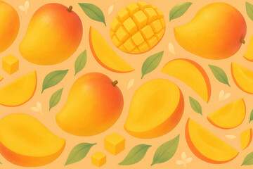A vibrant tropical pattern featuring whole mangoes, golden mango cubes, and juicy slices scattered with green leaves on a soft orange background