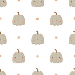 Seamless pattern with cute beige pumpkins and stars. Hand-drawn fall vegetable character in soft neutral tones.