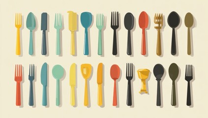Colorful flatware set in various pastel colors
