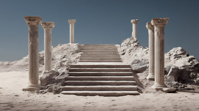 Ancient stone staircase flanked by broken columns under clear sky
