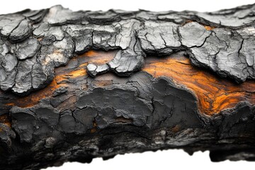 Close-up of charred bark revealing wood underneath, a mix of black, grey, and orange textures.