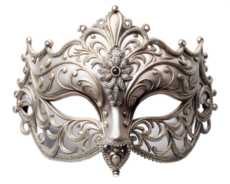 Glossy silver color venetian carnival mask isolated on white background. PNG Transparent file type with high definition quality And vibrant color grading Available.