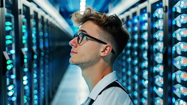 Tech Savvy: A focused data engineer examines complex server systems in a cutting-edge data center, personifying the intersection of human expertise and technology.