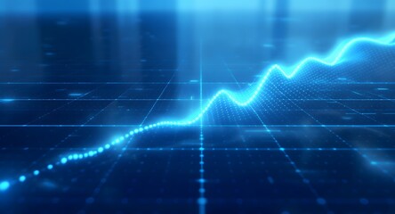 Abstract digital glowing waveform representing financial growth on a blue grid background with bokeh effects and flowing particles