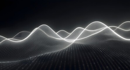 Abstract digital landscape with glowing white lines and dots over a dark background. Illustrative representation of data visualization or digital waves.
