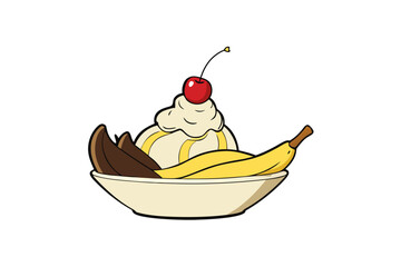 A whimsical banana split cartoon overflowing with ripe fruit and sweet cream delight simple vector
