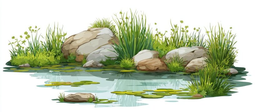 Water feature with rocks and grass