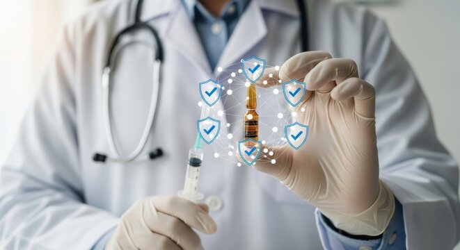 Doctor holding vaccine ampule with protective shield icons and syringe in a medical setting - Powered by Adobe