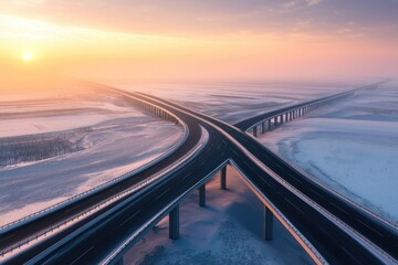Obraz premium Aerial view of diverging highway bridges over a snow-covered landscape at sunset, creating a serene and modern scene.
