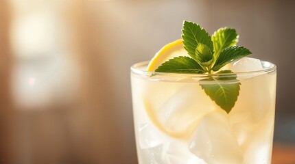 Closeup of iced lemonade with mint leaves and lemon slice, copy space