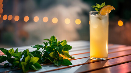 Glass of iced lemonade adorned with mint leaves on a wooden table during a warm summer evening