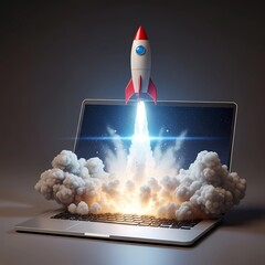 Laptop Launch Ignite Your Imagination with a Soaring Rocket, Visualize digital success.