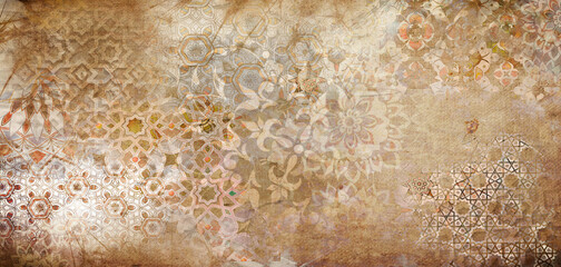 canvas texture background with islamic pattern. Old gray brown rusty vintage worn shabby patchwork motif tiles stone concrete cement wall texture background banner . Ceramic wall tiles and floor tiles