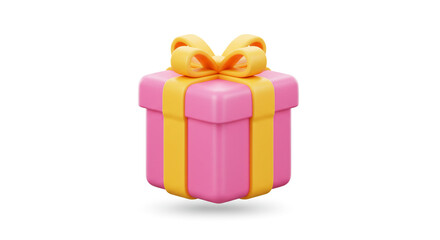 A pink gift box with a yellow ribbon and bow isolated on a white background in a studio shot