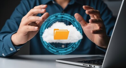 Person gesturing towards cloud with folder icon surrounded by binary code and a laptop visible