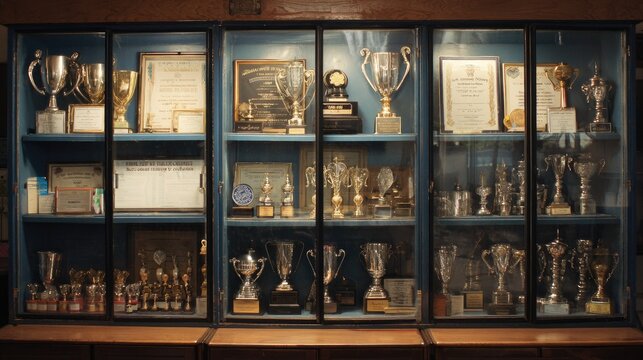 Display case filled with trophies and certificates