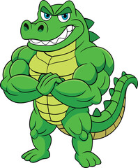 Obraz premium Muscular cartoon alligator with blue eyes and confident grin flexing biceps