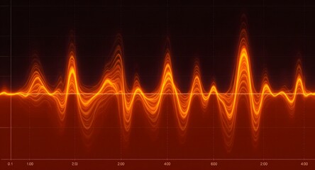Dynamic orange waveform against dark backdrop possibly representing sound waves or vital signs. Intense glowing effect highlights the rhythmic patterns.