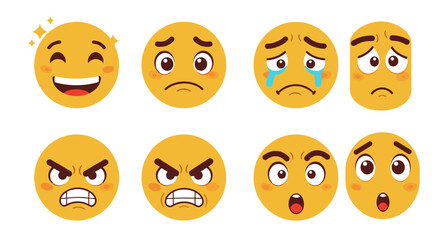 Fototapeta premium Illustration of eight yellow emoji faces expressing different emotions and feelings