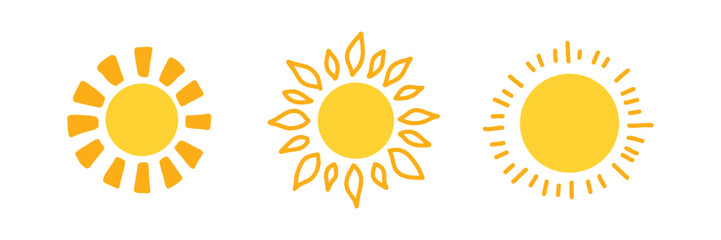 Set of hand-drawn yellow sun icons in doodle style. Summer symbols with spiral and ray designs. Perfect for weather forecast, childrens decor, prints, and sunny-themed projects. Vector illustration