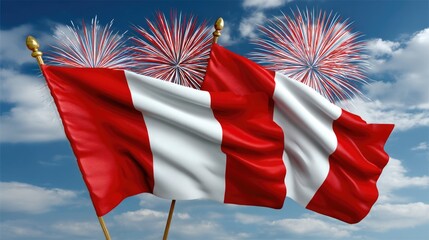 Two Peruvian flags wave proudly against a backdrop of bright fireworks in the sky, symbolizing the festive spirit of independence day in Peru