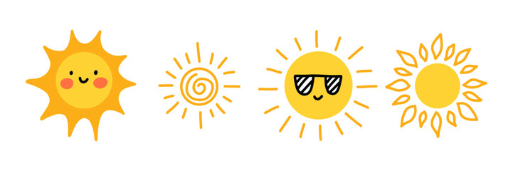 Cute sun collection. Adorable set of cartoon sun characters with faces with cheeks, sunglasses, and heart eyes. Perfect for kids designs, summer themes, prints, and playful decor.