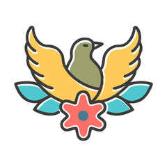 Stylized dove with outstretched wings flower and leaves on black background