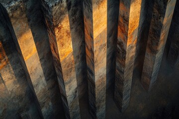 Abstract view of stone pillars with sunlight casting warm, dramatic shadows and highlighting their textured surfaces.