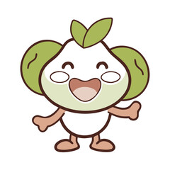 Happy cartoon character with green leaves and a big smile