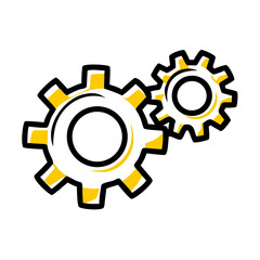 Two interlocking yellow and white gears working together