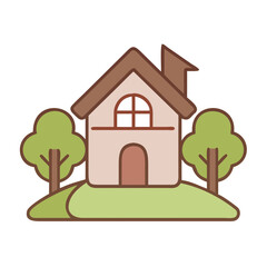 Fototapeta premium Charming cartoon house with trees on a grassy hill