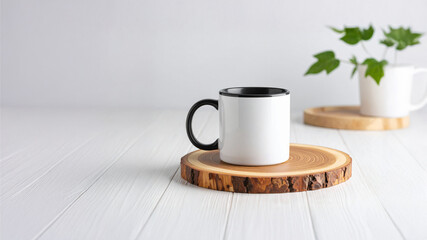 White Ceramic Mug on Minimal Display with Tropical Leaves and Peach Background