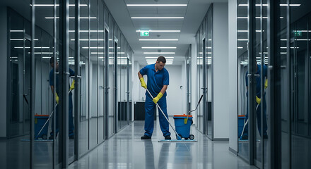 Obraz premium Office Janitor Cleaning at Night