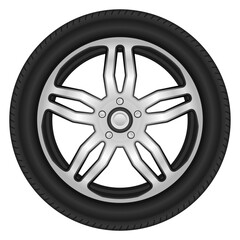 Fototapeta premium Silver Chrome Car Wheel Rim Vector Illustration Glossy Shiny Racing Alloy Wheel Design Concept Isolated on White EPS File Editable and Scalable for Automotive Projects
