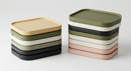 Stacked square plates in earth tones like, isolated on white background - minimalist tableware and modern kitchenware design concept