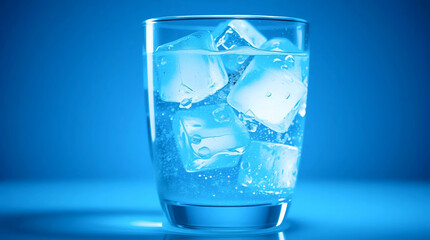 full glass of fresh water with ice cubes on gradient blue background