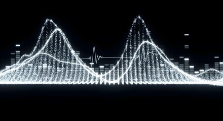 Obraz premium Abstract illustration of glowing white sound waves and equalizer bars against a black background representing audio or data visualization concepts. Dynamic visual elements create depth and movement.