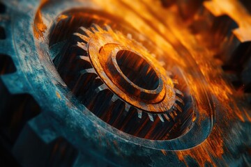 Close-up of a gear system with a rusty and worn appearance, highlighting its intricate design.