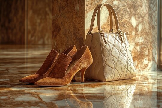 Elegant beige quilted handbag and pair of brown suede high heels on a polished marble surface, warm toned and sophisticated.