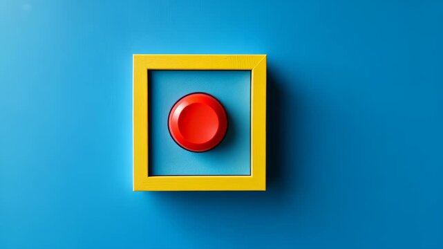 Red Button in Yellow Frame: A vibrant red button sits prominently within a sunshine yellow frame against a cool blue backdrop. The image evokes feelings of decision-making, urgency.