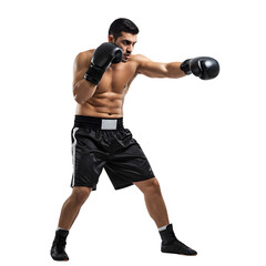 A Male Boxer in a Defensive Fighting Stance with an Intense and Focused Gaze on isolated transparent background.