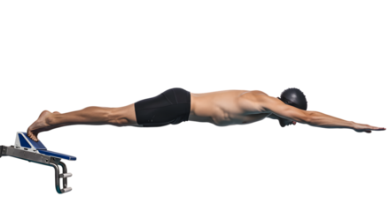 A Competitive Male Swimmer Executing a Powerful and Streamlined Dive off a Starting Block on isolated transparent background.