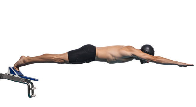 A Competitive Male Swimmer Executing a Powerful and Streamlined Dive off a Starting Block on isolated transparent background.