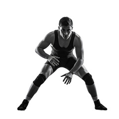 A Male Wrestler in a Low, Powerful Stance Ready to Engage and Grapple His Opponent on isolated transparent background.