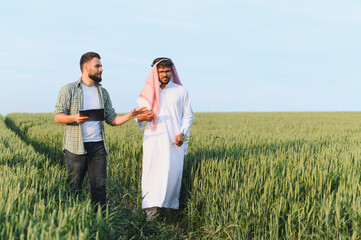 Agronomist advising farmer walking through wheat field