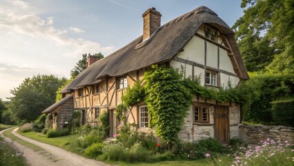 Fototapeta premium A quaint thatched roof cottage with timber framing and lush greenery in a rural setting view