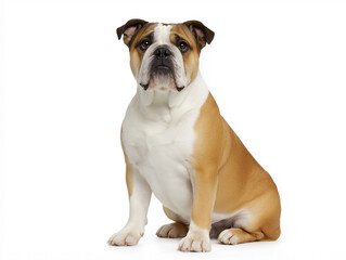 Obraz premium Brown and white bulldog sitting confidently on a white background during a studio photo session